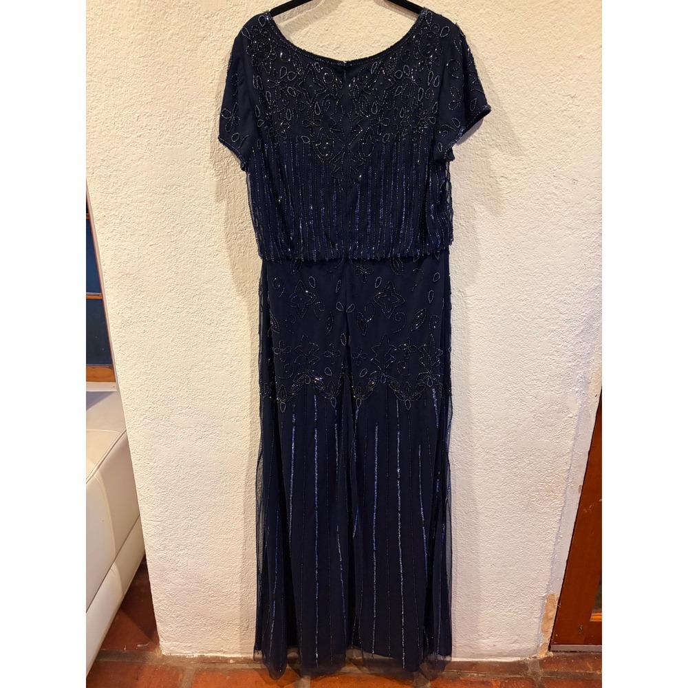 Adrianna Papell Women's 14 Navy Blue Beaded Mesh Gown Short Sleeve Formal Dress